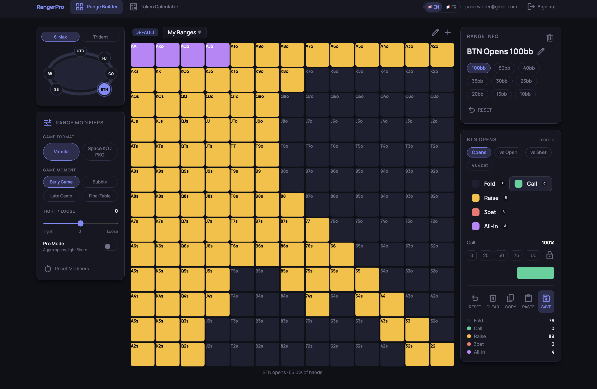 RangerPro poker range builder interface showing the 13×13 hand matrix with color-coded actions